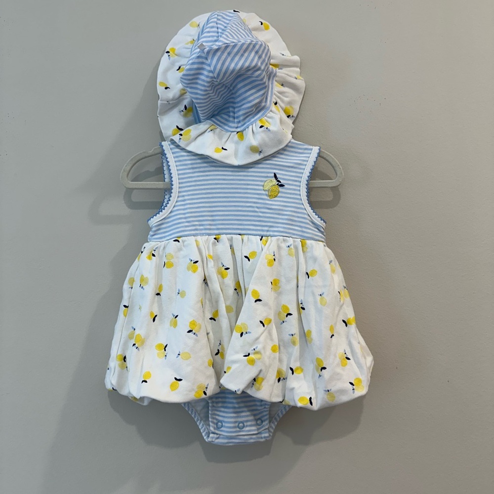 New! Little Me Blue and White Baby Dress with Hat size 12M